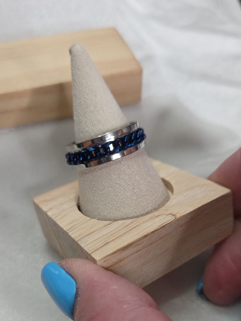 Men's or Unisex Silver Blue Chain Spinner Ring Stainless Steel Band Ring Fashion